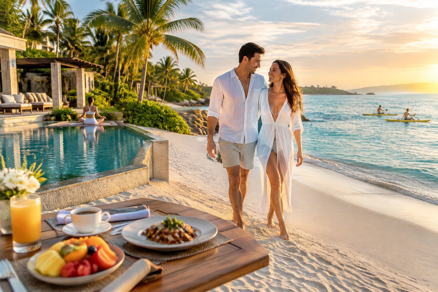 A newlywed couple walks along a luxurious Mexican beach resort beside tropical water, with dining, wellness, and adventure activities nearby.