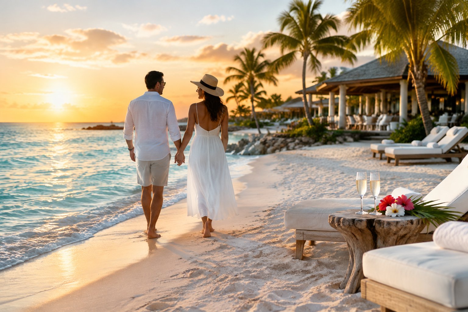 A couple walks along a white-sand beach at a luxurious Bahamian resort during sunset.