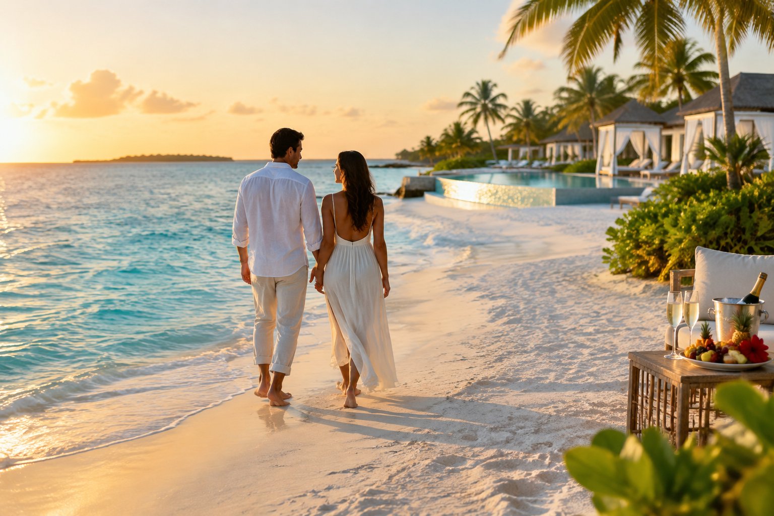 A couple walks along a white-sand beach near a luxury resort in the Bahamas.