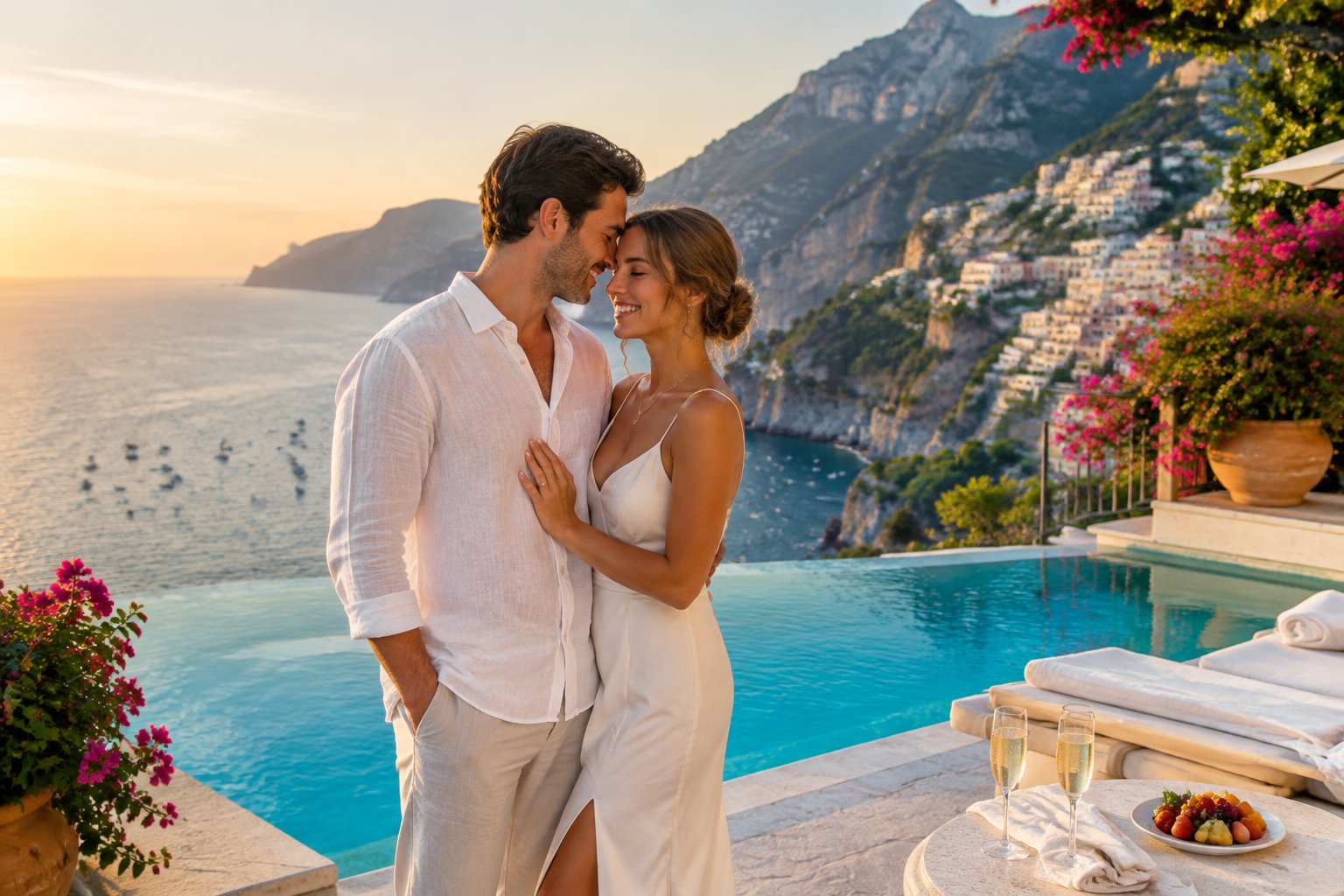 A newlywed couple enjoys a luxurious terrace overlooking the Amalfi Coast in Italy.