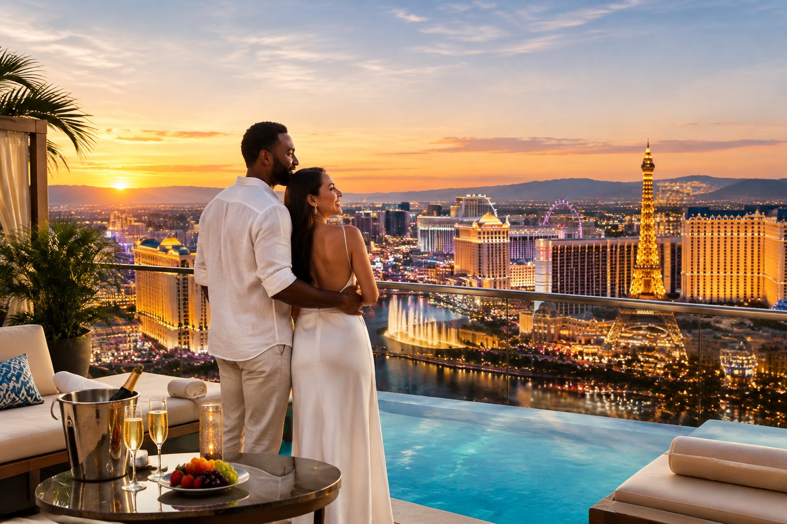 Newlywed couple enjoying champagne on a luxury rooftop overlooking the Las Vegas Strip at sunset.
