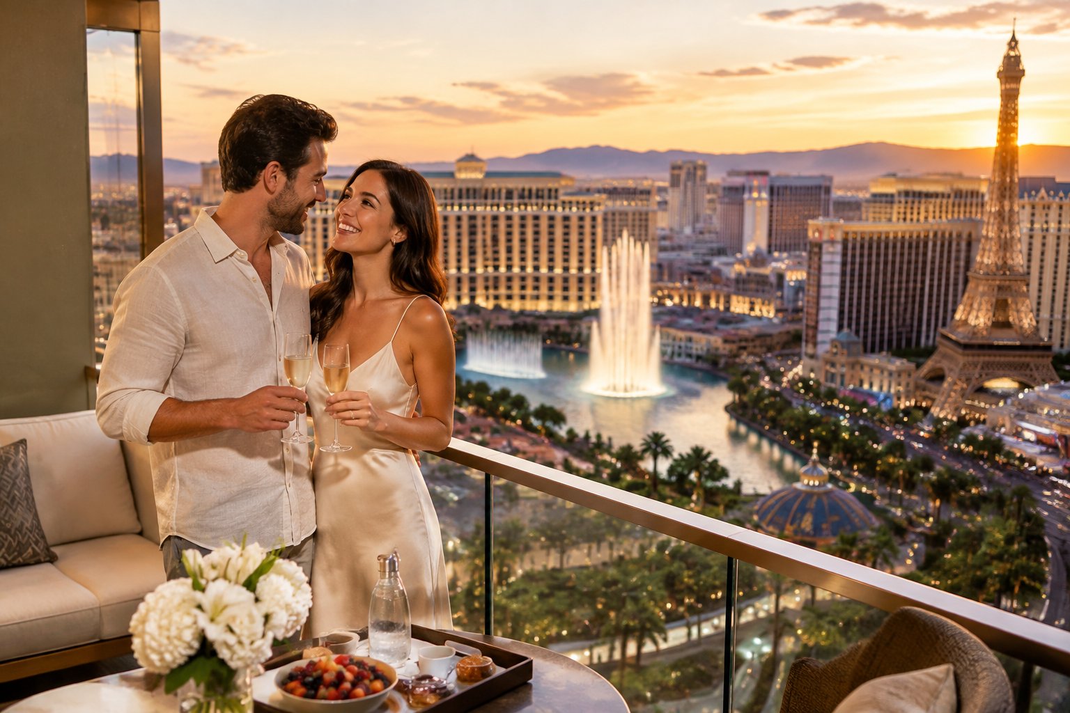 Newlywed couple enjoying a luxurious Las Vegas hotel balcony overlooking the Strip at sunset.