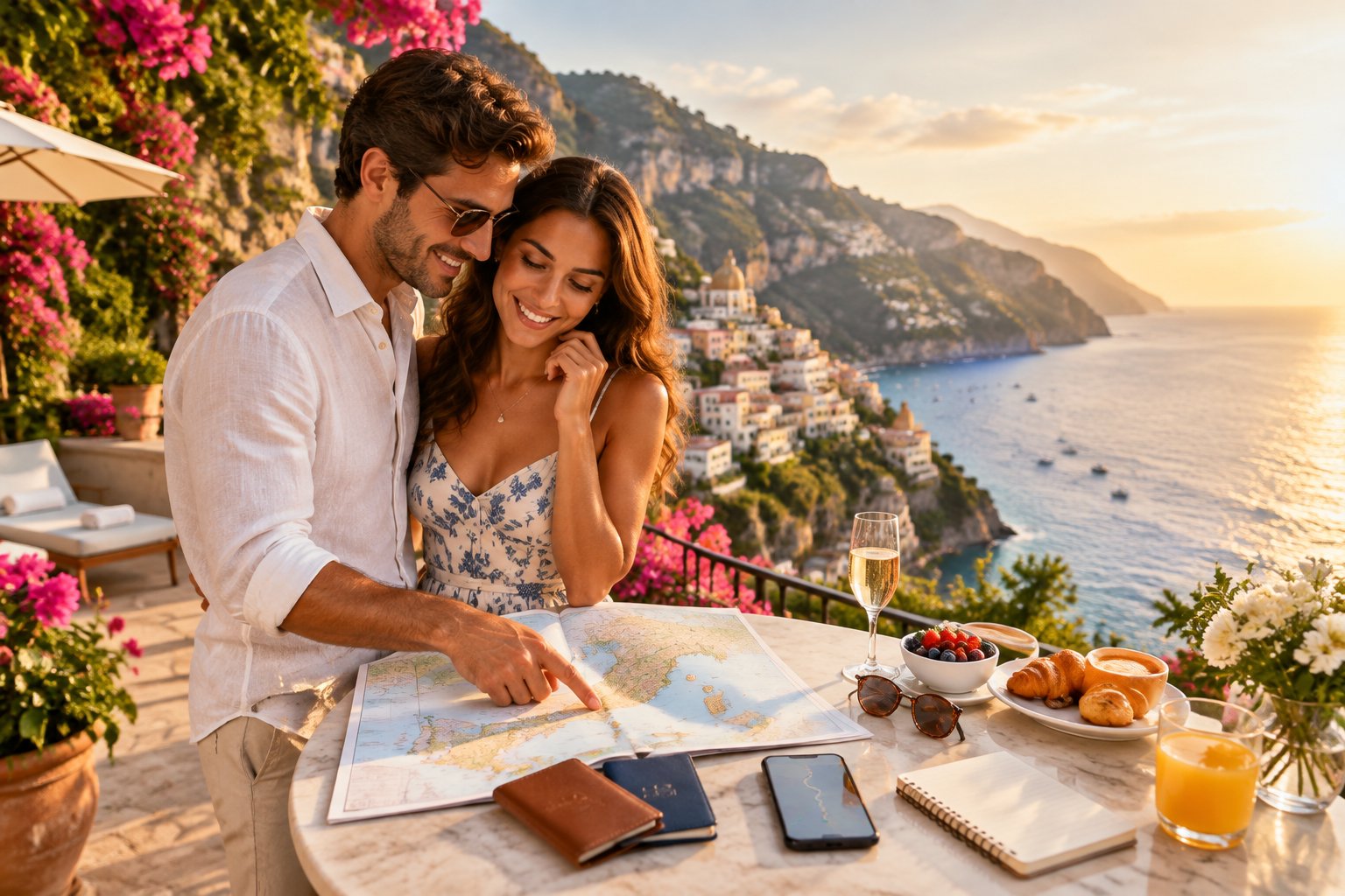 Newlywed couple planning an Italian honeymoon on a scenic terrace overlooking the Amalfi Coast.