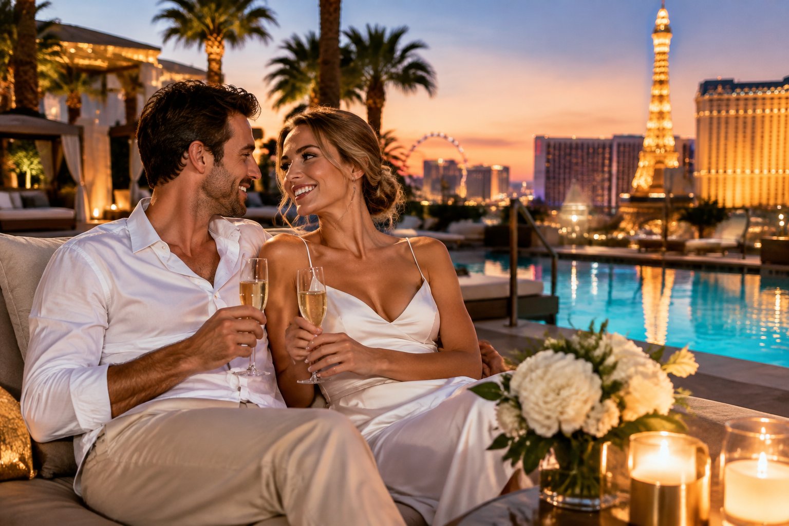A newlywed couple relaxes together at a luxurious Las Vegas resort beside a warmly lit pool.
