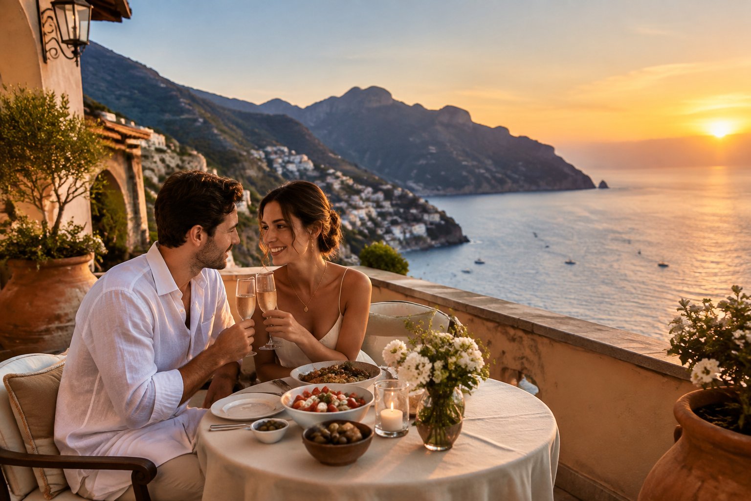 Newlywed couple sharing a sunset aperitivo on a seaside terrace overlooking the Amalfi Coast.