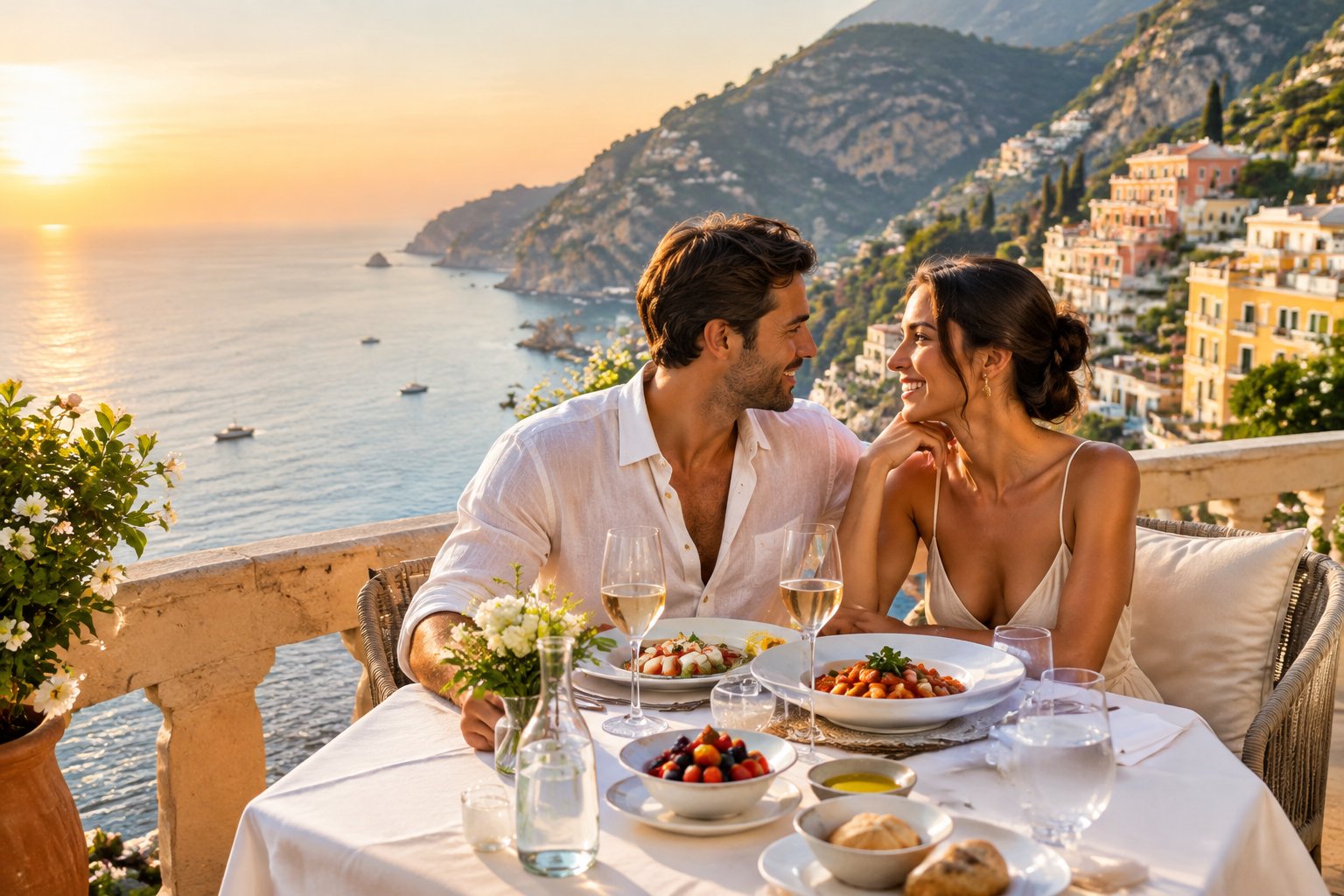 A newlywed couple dining on a terrace overlooking the Amalfi Coast.