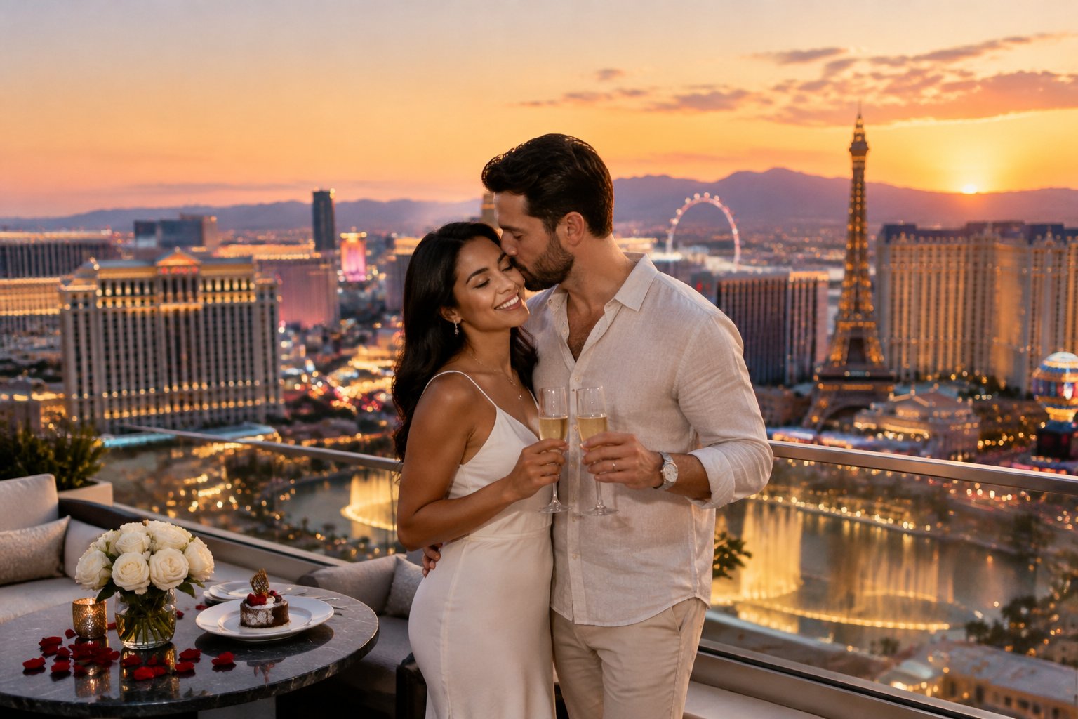 A newlywed couple embraces on a luxury rooftop overlooking the glowing Las Vegas Strip, with champagne and roses nearby.
