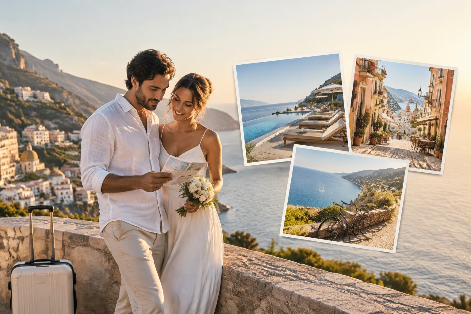 A newlywed couple considers travel options overlooking a sunny European coastal landscape.