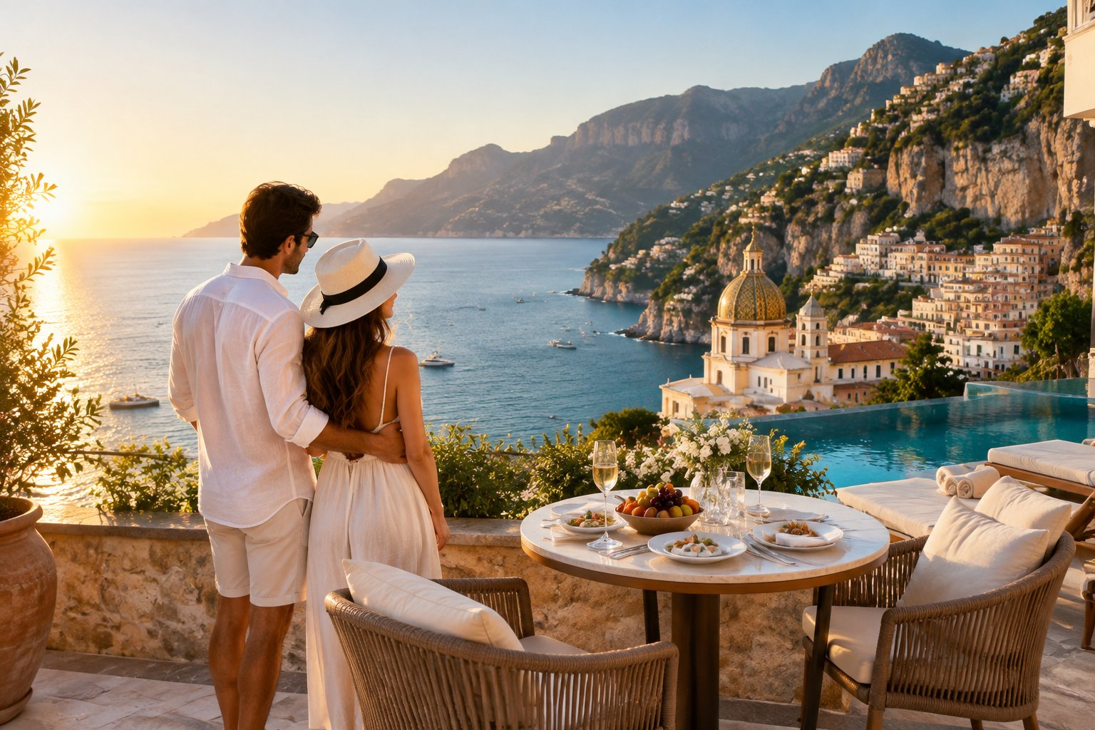 Newlywed couple overlooking a sunny Mediterranean coastal village from a seaside resort terrace.