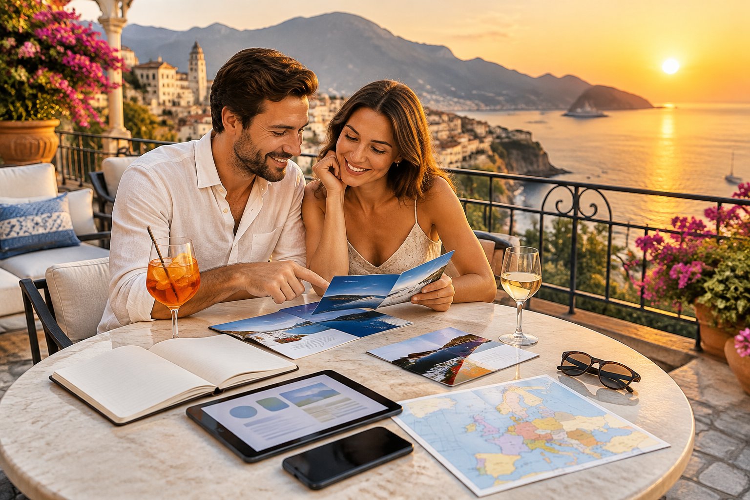 A couple compares honeymoon travel options at a café overlooking a scenic European coastal resort.