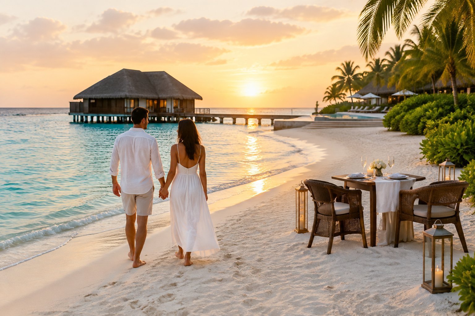 A couple walks hand in hand along a tropical beach beside a luxurious resort and an outdoor table set for two.