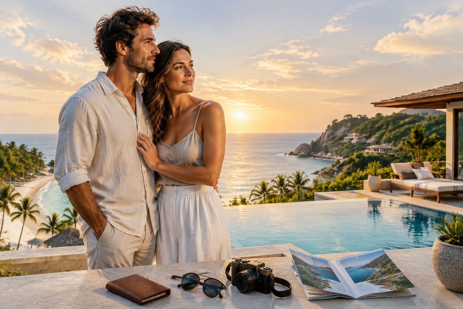 A newlywed couple considers a tropical all-inclusive resort overlooking the ocean.