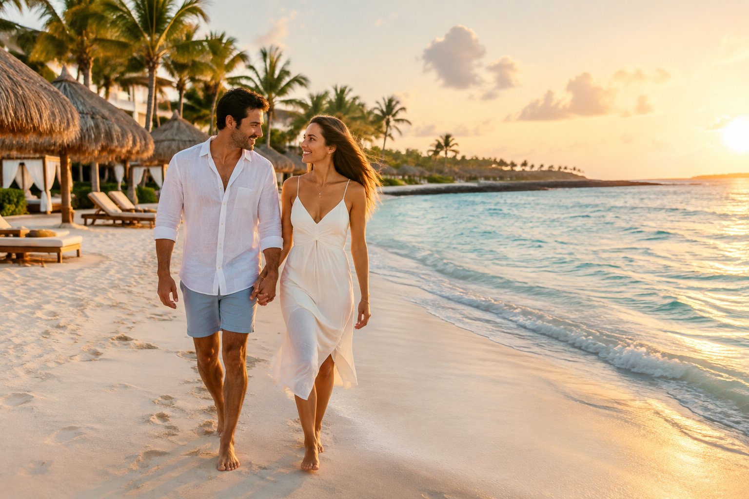 A couple walks hand in hand along a tropical beach beside a luxury resort in Mexico.
