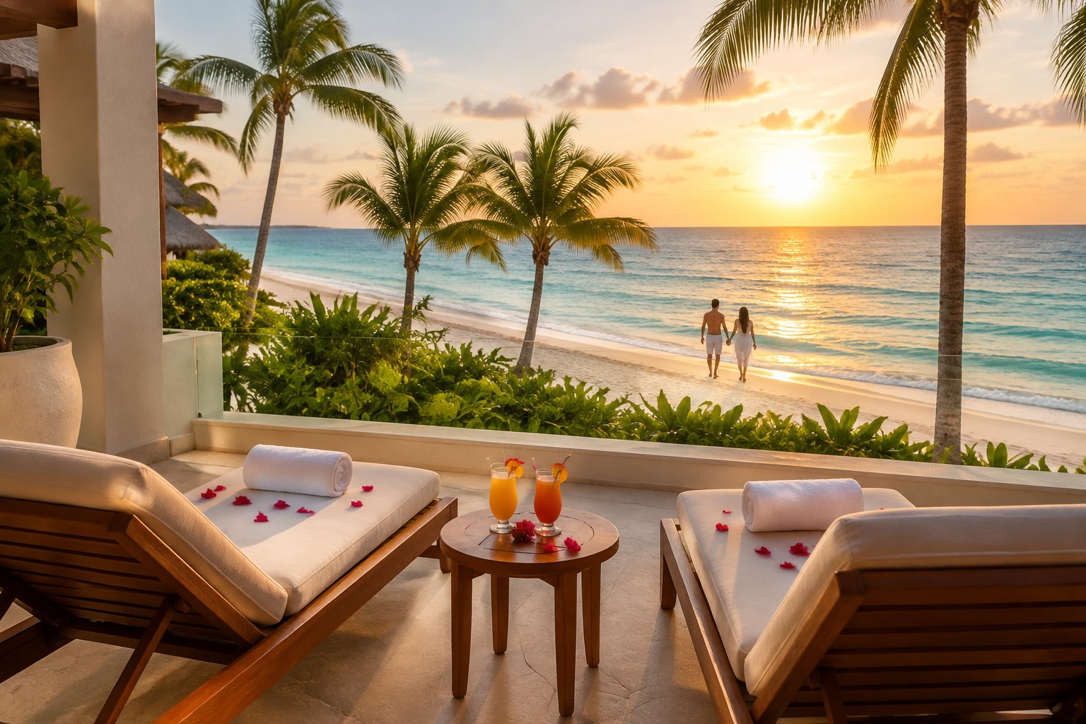 A couple walks hand in hand along a palm-lined tropical beach beside a luxury resort at sunset.