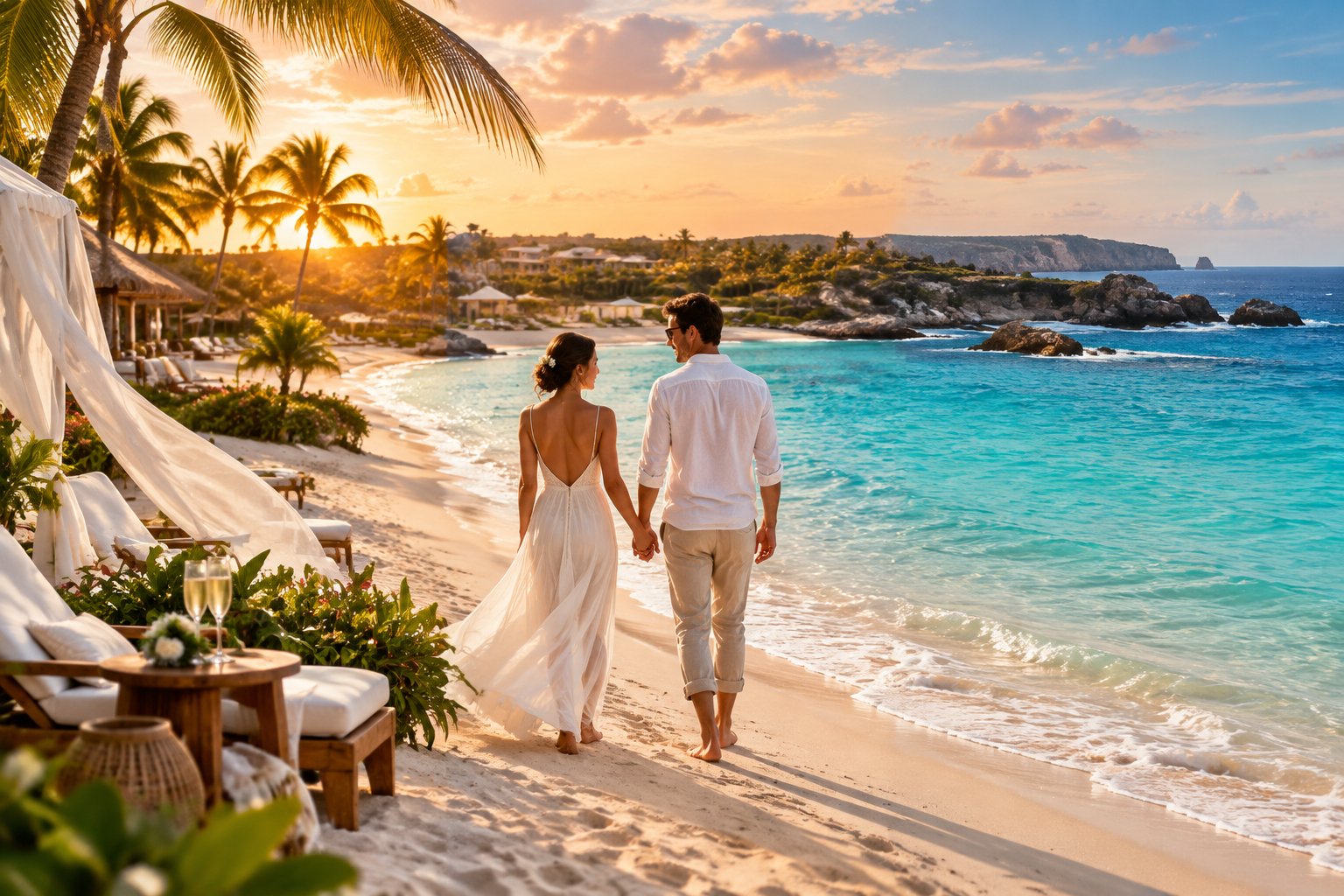 A newlywed couple walks hand in hand along a sunlit Mexican beach near a luxury resort.