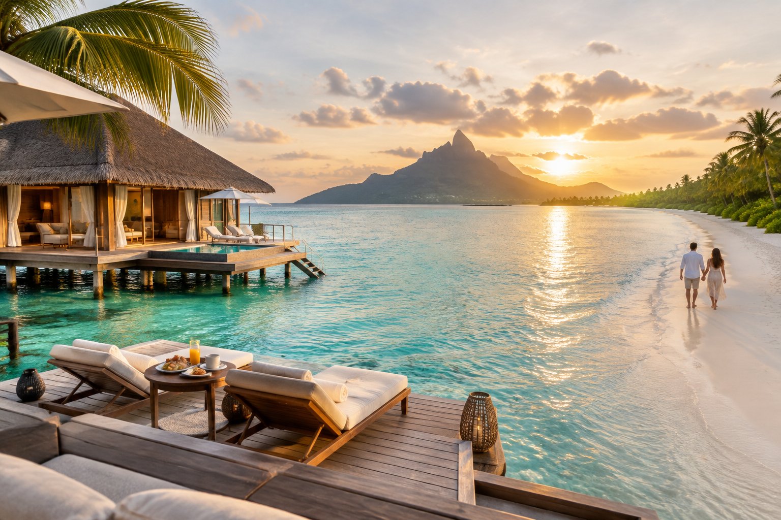 A couple walks along the shore beside a luxurious tropical island villa.