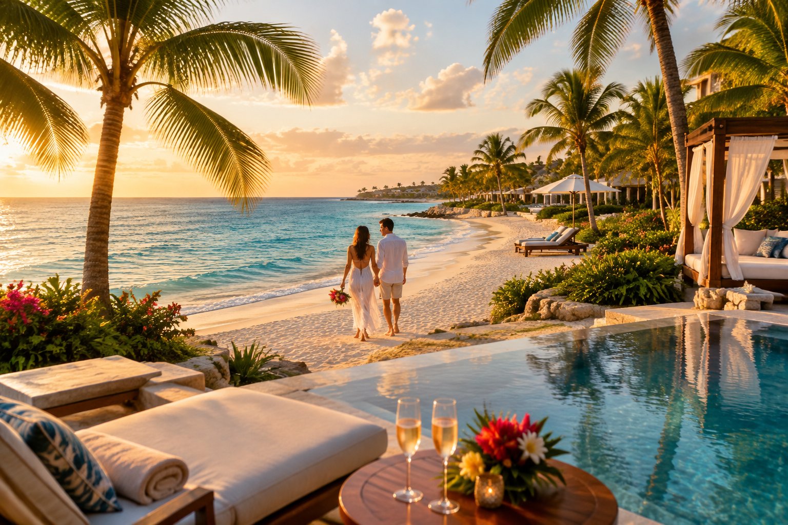 A newlywed couple walks along a tropical beach beside a luxurious Mexican resort.