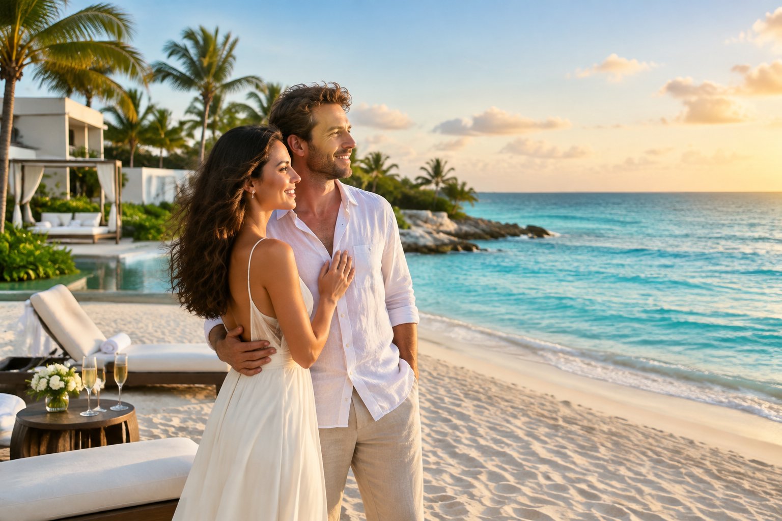 Newlywed couple relaxing on a tropical beach beside an all-inclusive resort in Mexico.