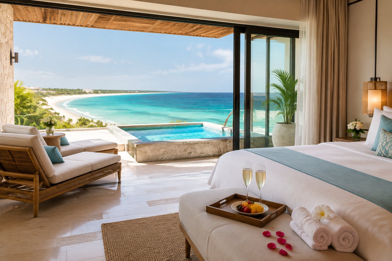 A luxurious honeymoon suite overlooking a turquoise Mexican beach, with a private plunge pool, king-size bed, and romantic amenities.