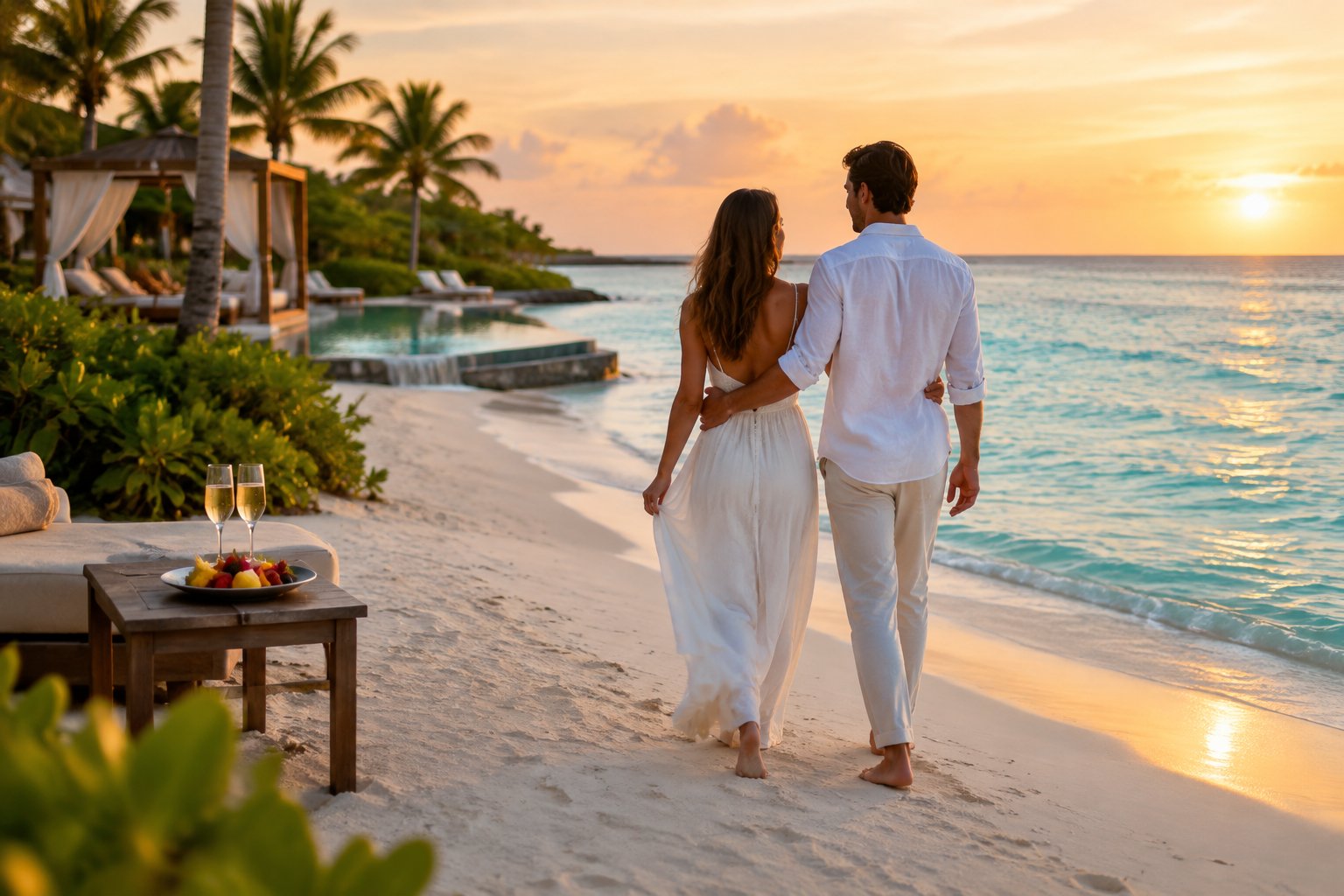 Newlywed couple walking along a tropical beach beside a luxury resort at sunset.