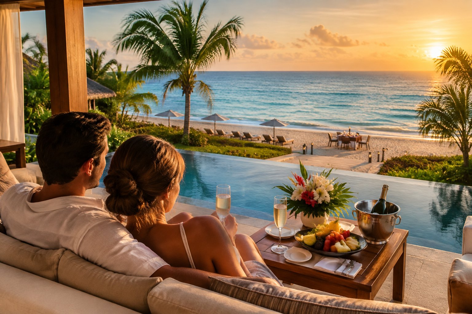 A newlywed couple relaxes on a luxury resort terrace overlooking the turquoise sea in Mexico.