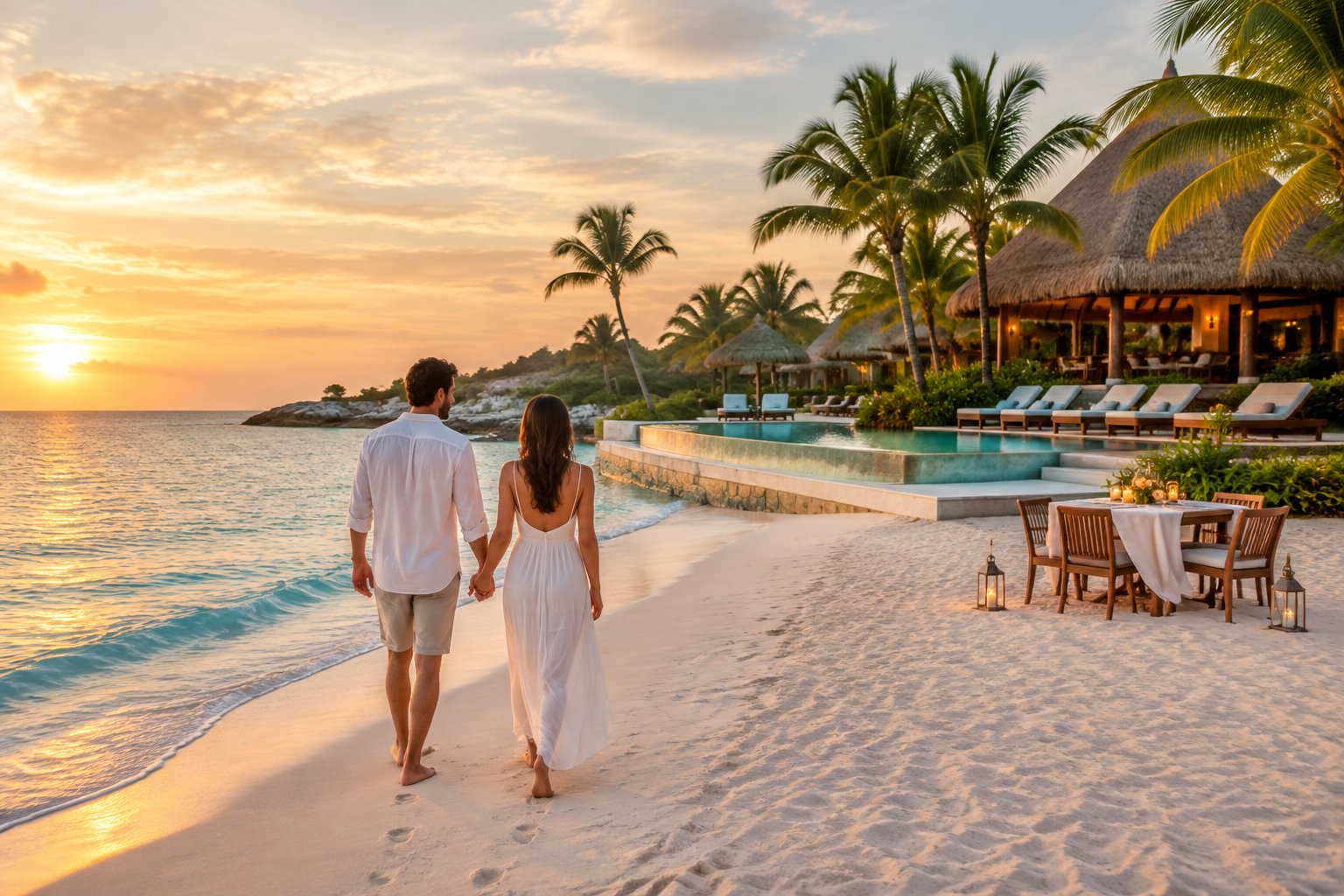 Newlywed couple walking on a tropical beach beside an upscale Mexican resort.
