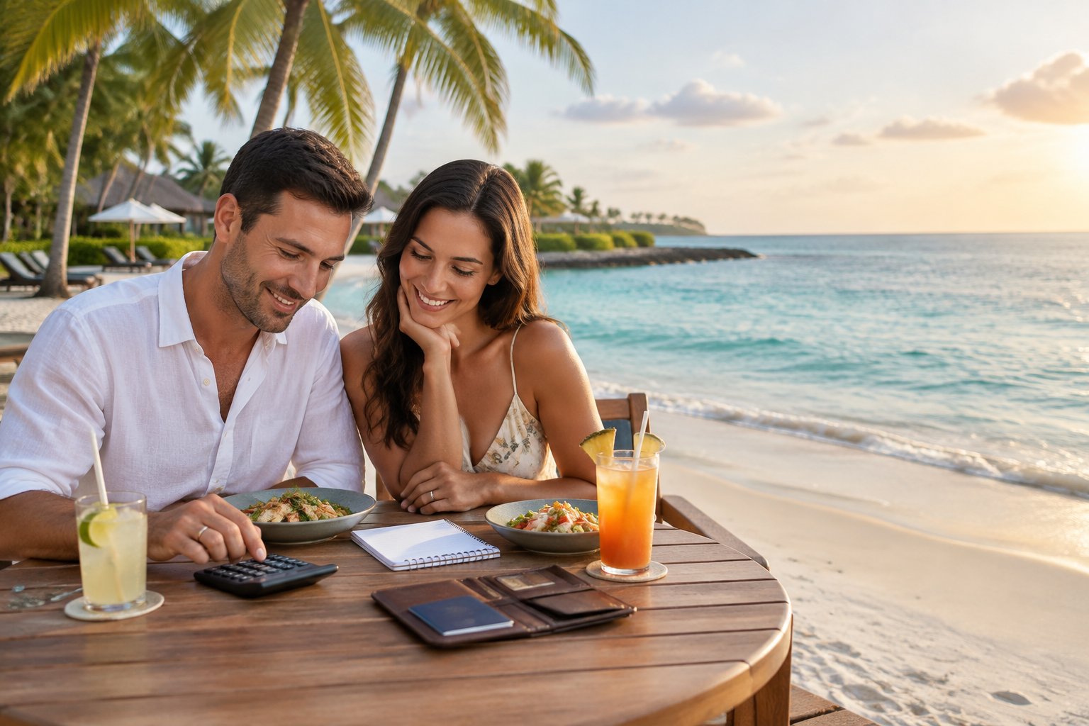 A newlywed couple enjoys a modest tropical resort beach while reviewing their vacation budget.