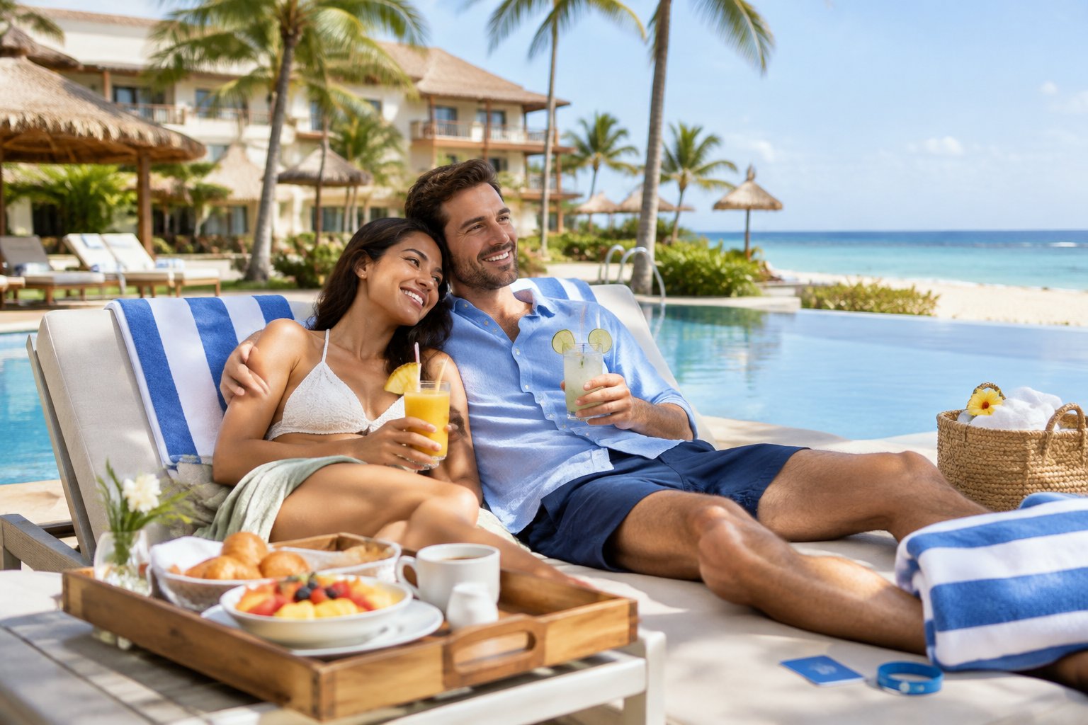 A newlywed couple relaxes beside a tropical resort pool with breakfast and drinks nearby.