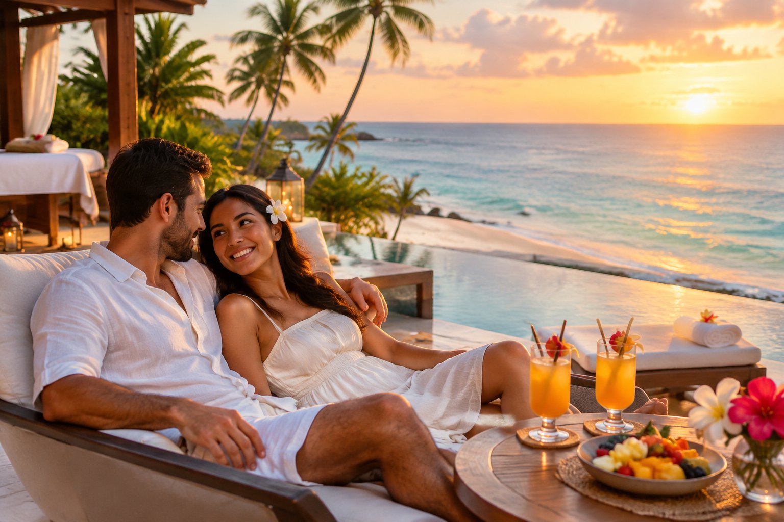 A newlywed couple relaxes together on a luxurious tropical beach resort terrace at sunset.