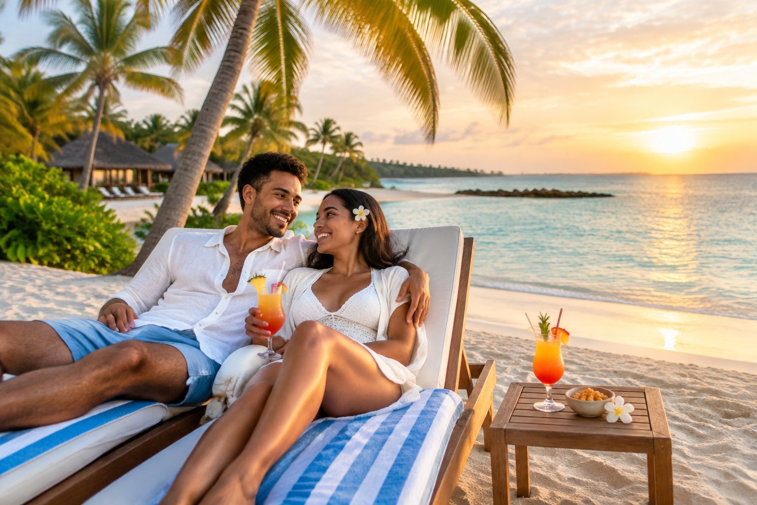 A newlywed couple relaxes together at a tropical beachfront resort with palm trees, white sand, and turquoise water.