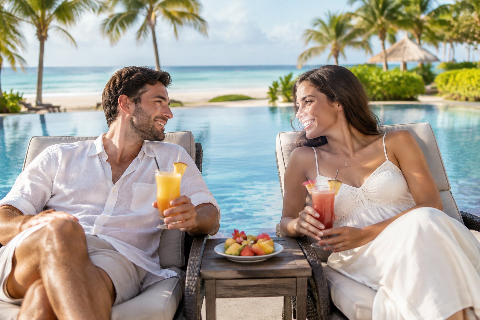 Newlywed couple relaxing beside a tropical resort pool near a sandy beach.