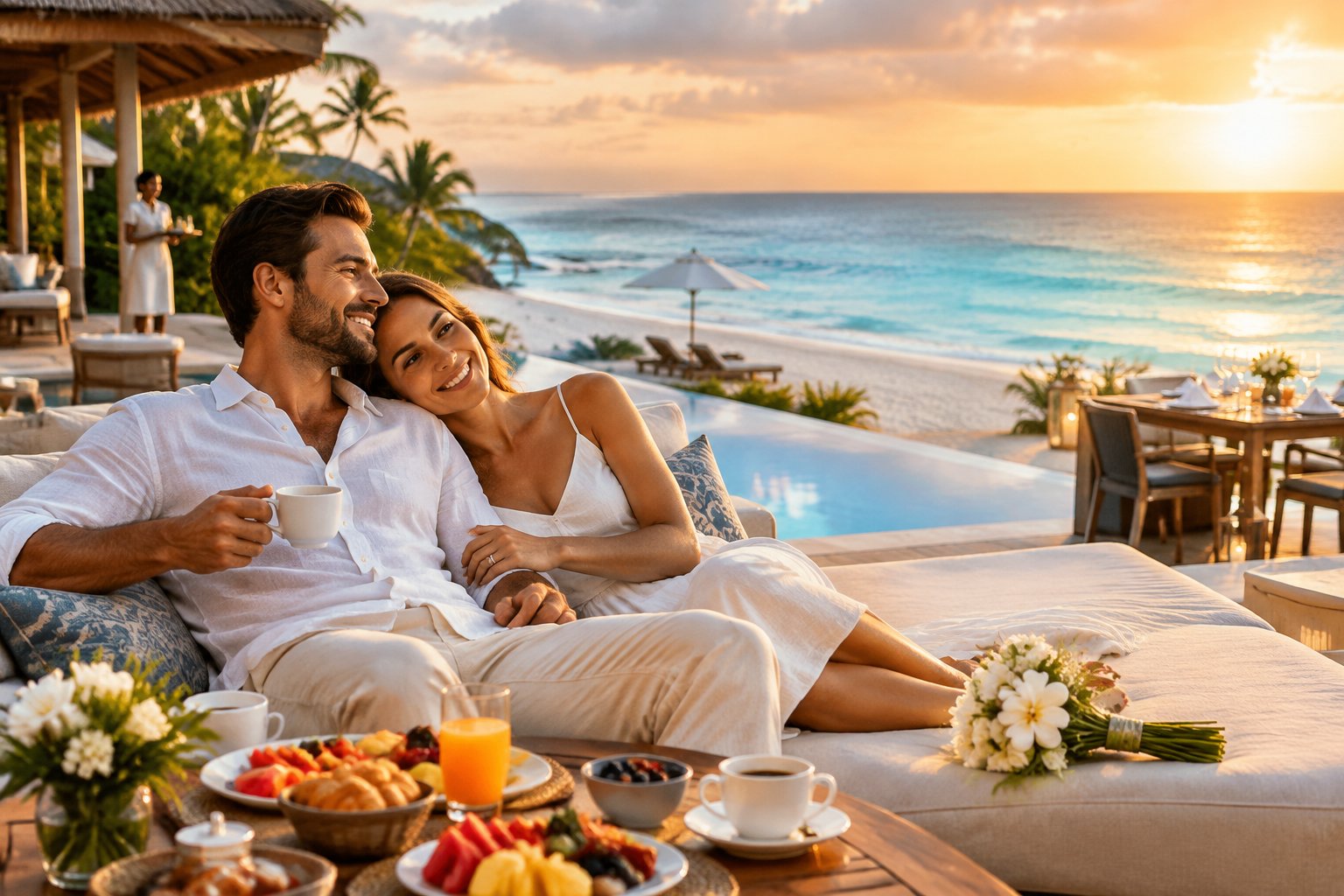 Newlywed couple enjoying breakfast and drinks on a luxurious tropical resort terrace overlooking the ocean.