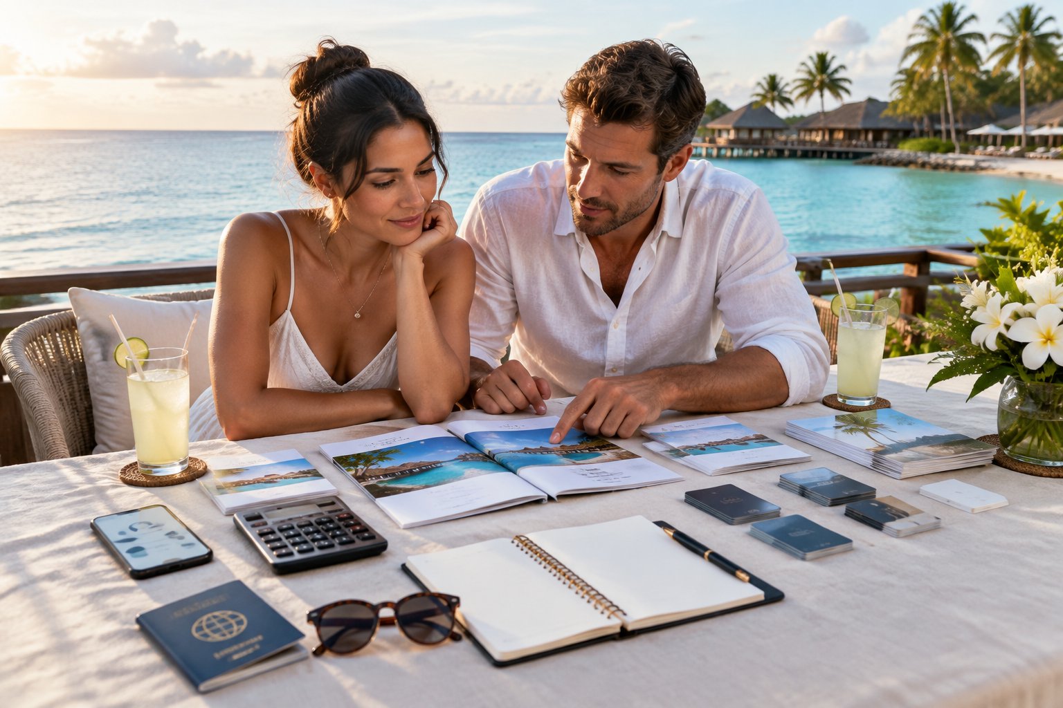 A newlywed couple compares honeymoon travel options at a table overlooking a tropical resort beach.