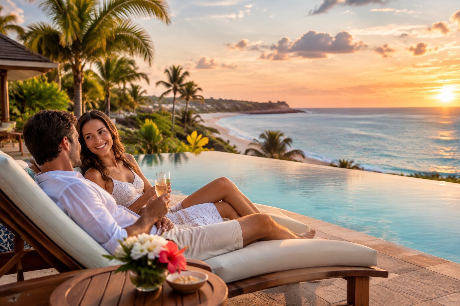 Newlywed couple relaxing beside an infinity pool at a tropical oceanfront resort.