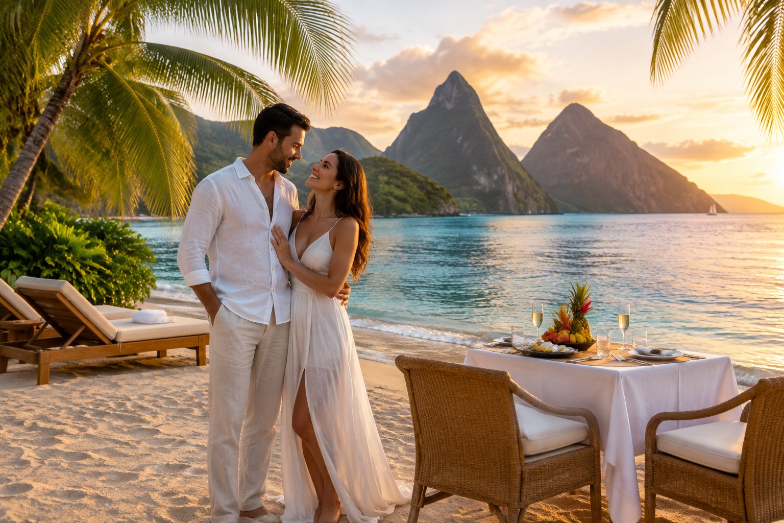 Newlywed couple enjoying a romantic beachside resort setting in Saint Lucia with the Pitons in the background.
