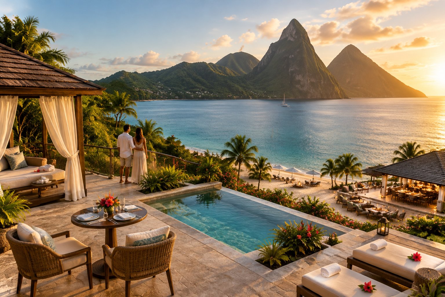 A couple relaxes on a luxurious tropical resort terrace overlooking a turquoise bay and green volcanic mountains.