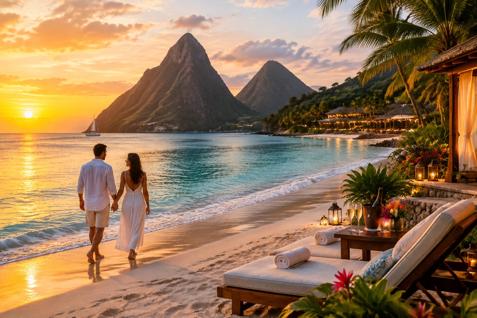 A couple walks along a tropical Saint Lucia beach at sunset with the Pitons in the background and a softly lit resort nearby.