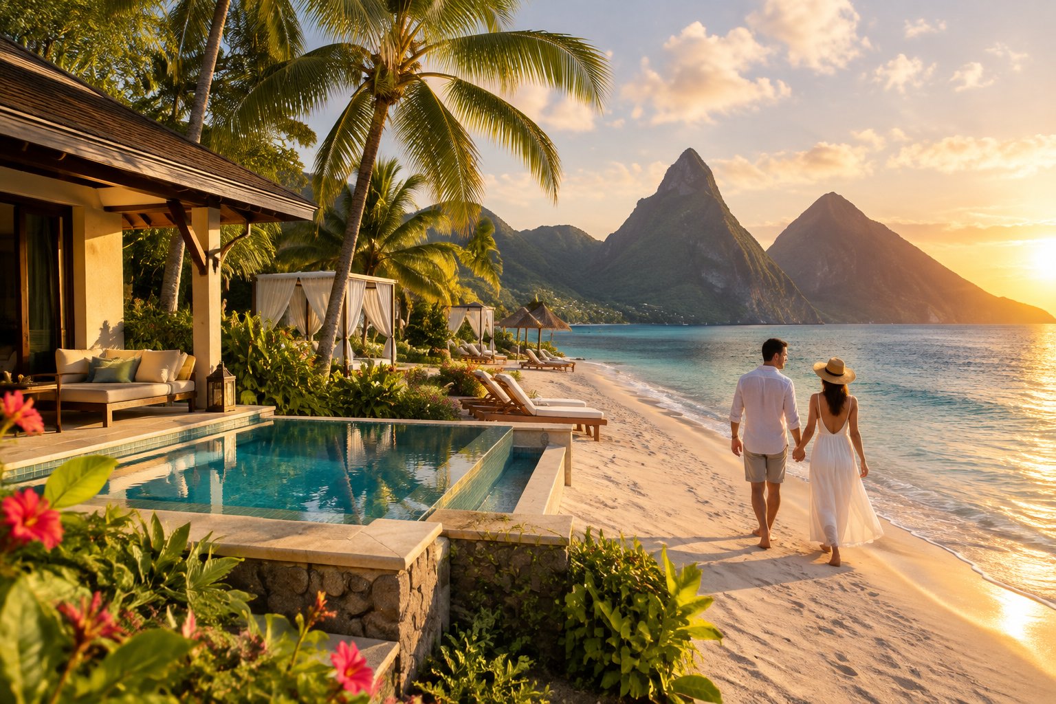 A newlywed couple walks beside a luxurious Saint Lucia beach resort with turquoise water and the Pitons in the background.