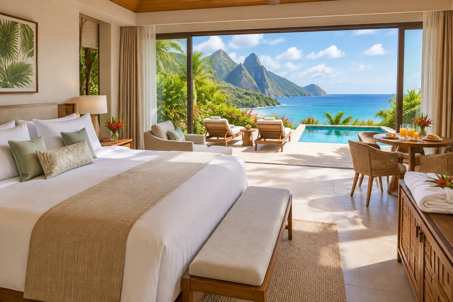 A luxury honeymoon suite with a private terrace, plunge pool, and ocean view in Saint Lucia.