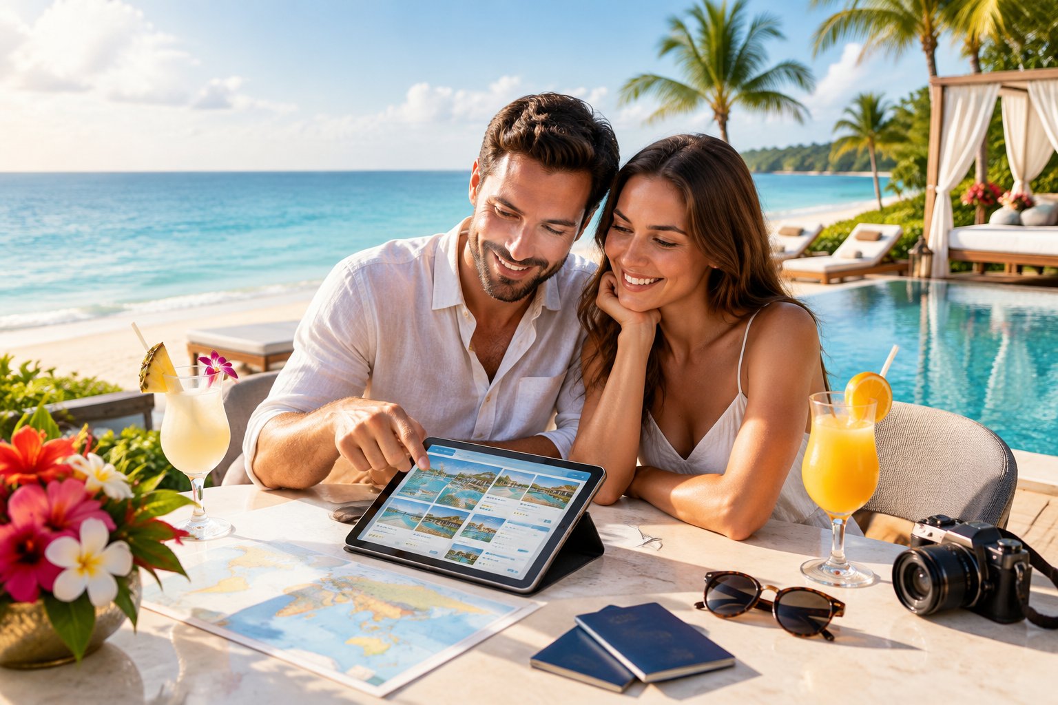 A newlywed couple compares honeymoon travel options at a table overlooking a tropical resort and ocean.