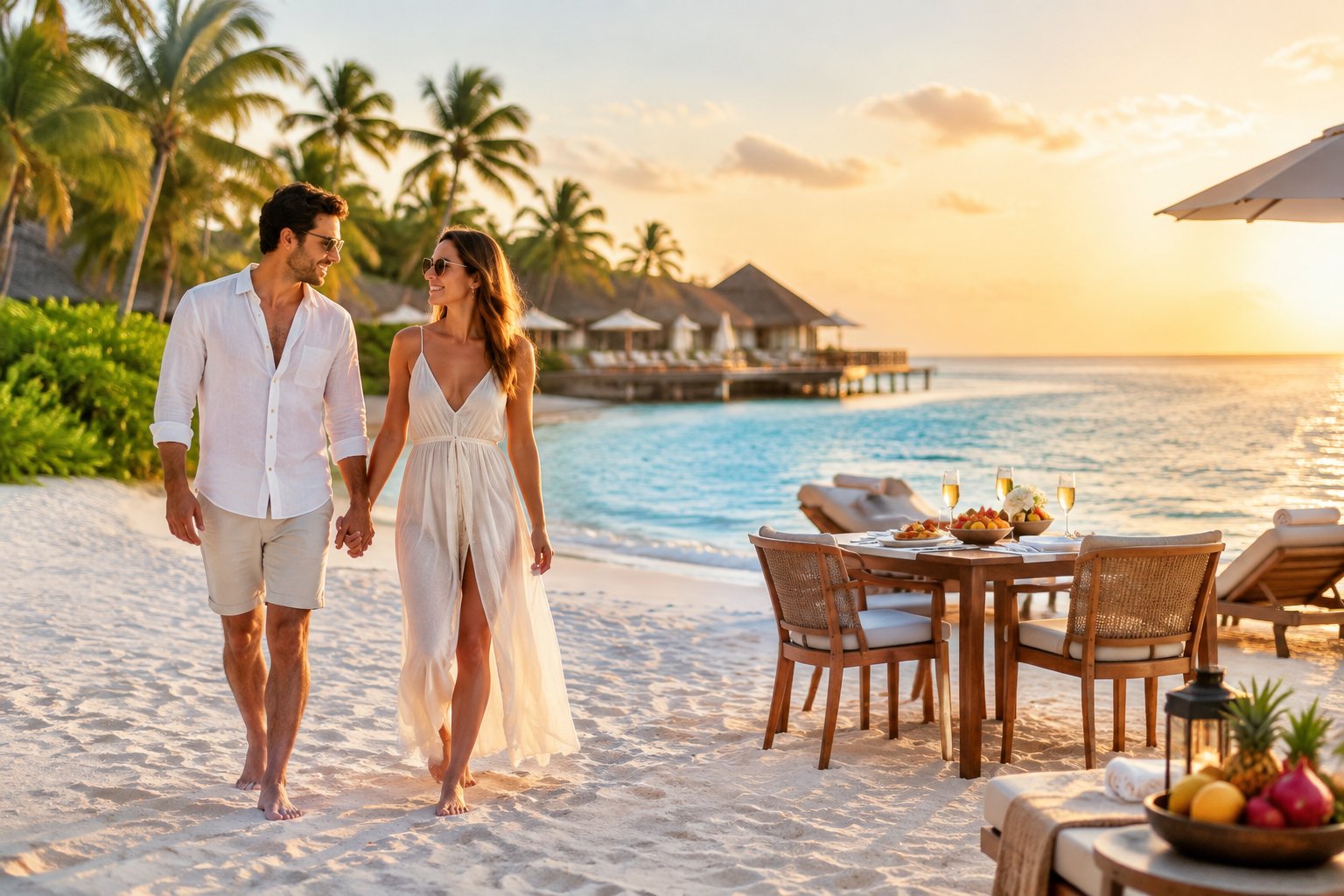 Newlywed couple walking along a tropical beach near a luxury resort with a romantic table set for two.