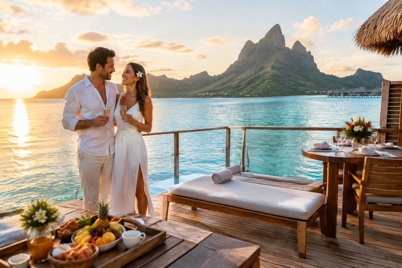 A newlywed couple enjoys a luxurious overwater bungalow overlooking the turquoise lagoon and mountains of Bora Bora.