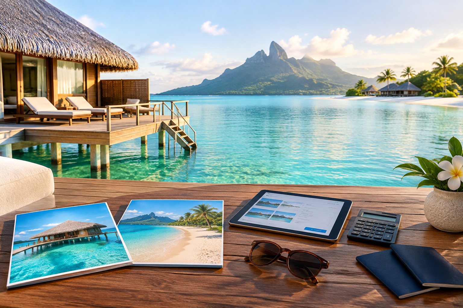 A tropical Bora Bora lagoon with an overwater bungalow and travel planning items on a nearby deck.