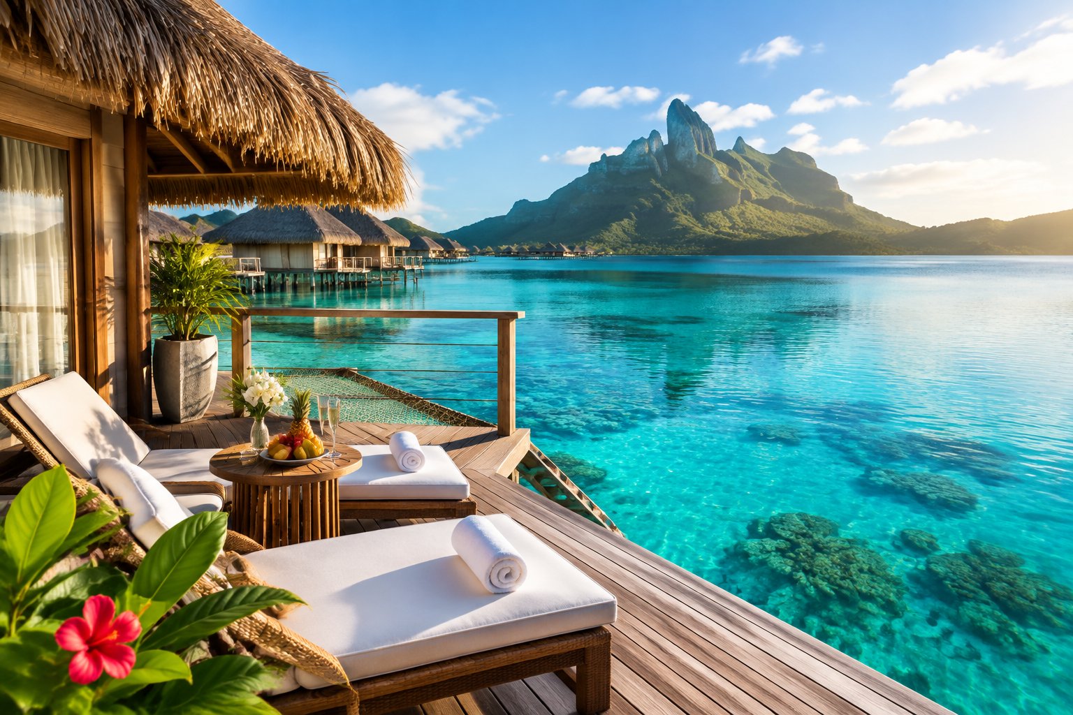 A luxurious overwater bungalow on Bora Bora’s turquoise lagoon with tropical mountains in the background.