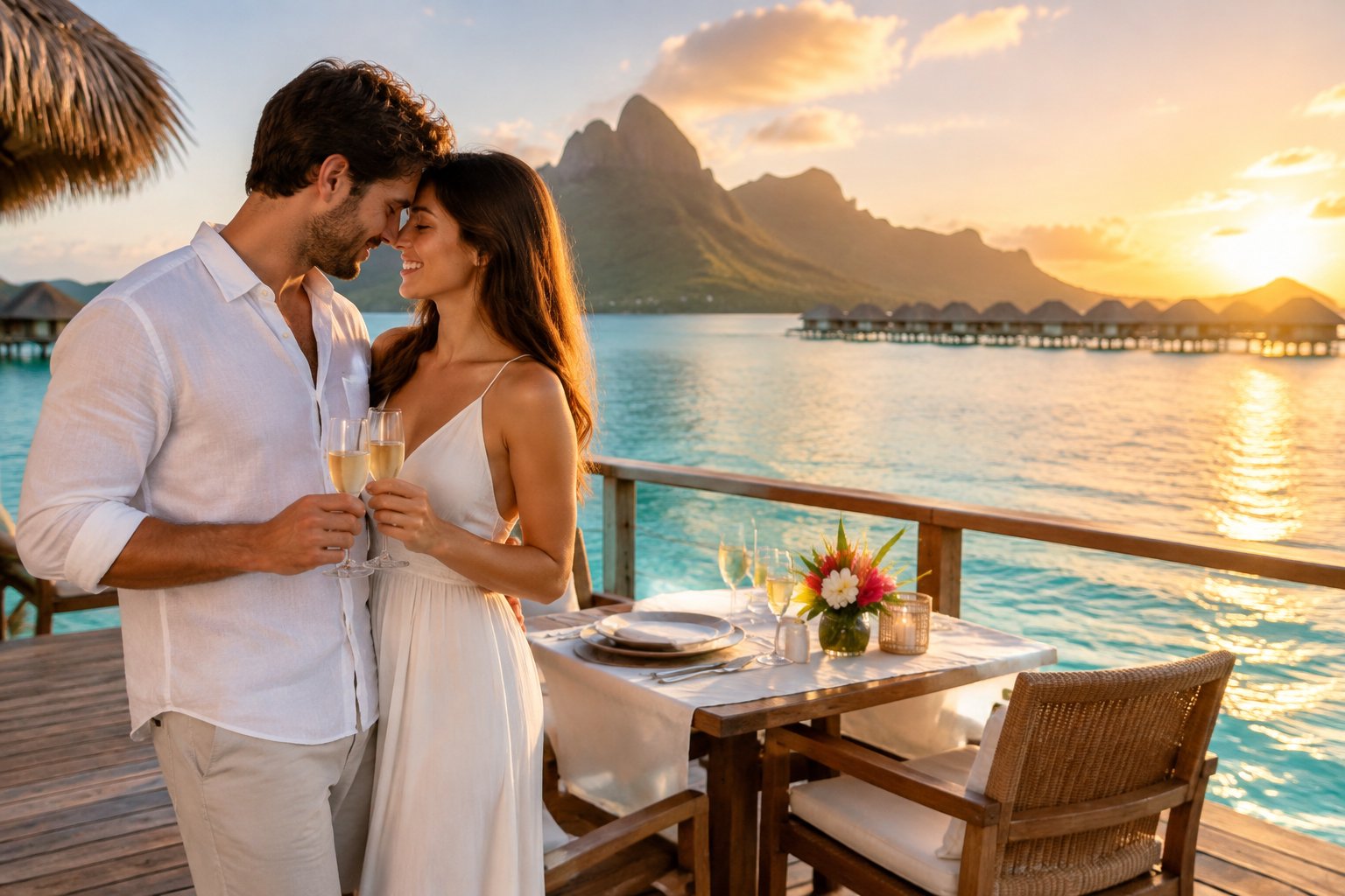 Newlywed couple sharing a romantic moment on a private overwater deck in Bora Bora at sunset.