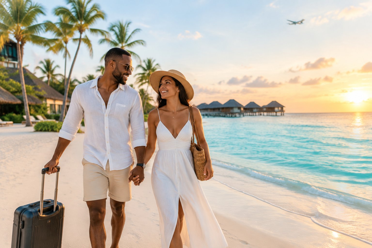 A newlywed couple walks hand in hand on a tropical beach near a luxury resort, with luggage and an airplane in the distance.