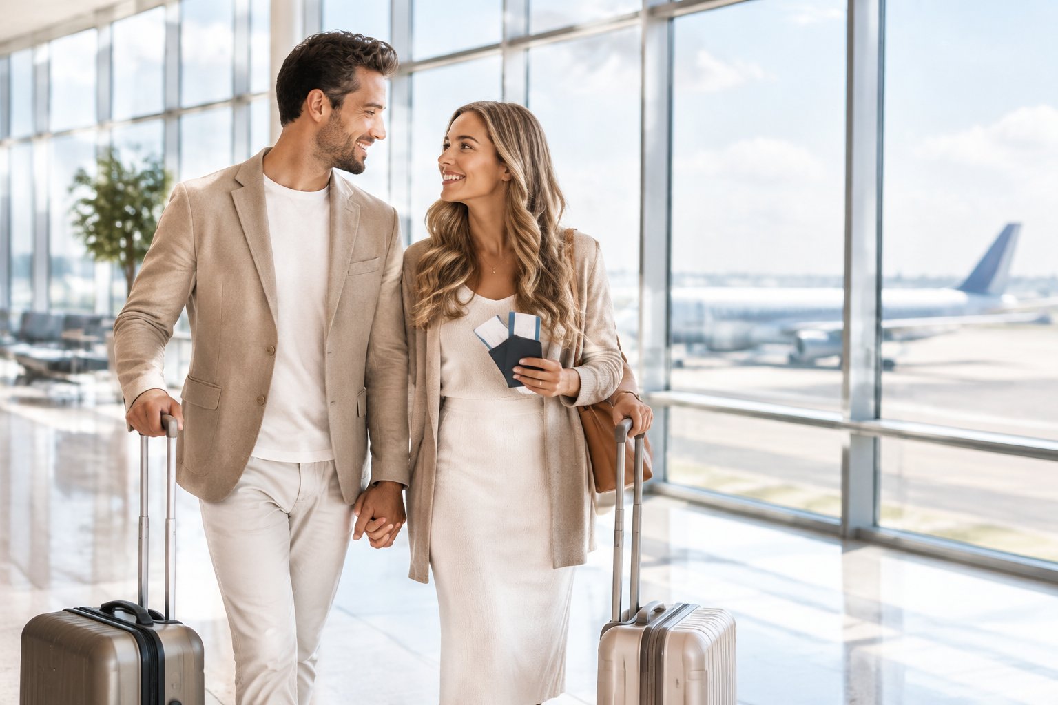 Newlywed couple holding hands with luggage inside a bright airport terminal.