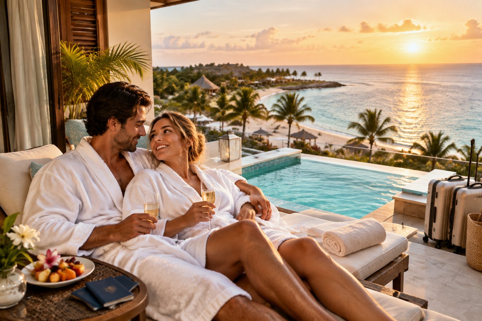 Newlywed couple relaxing on a luxurious tropical resort terrace overlooking the ocean.