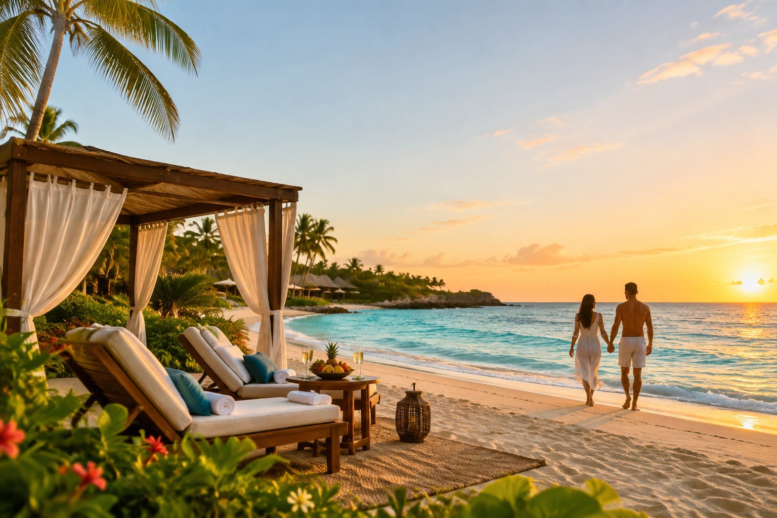 A couple walks hand in hand along a tropical Caribbean beach beside a luxurious resort.