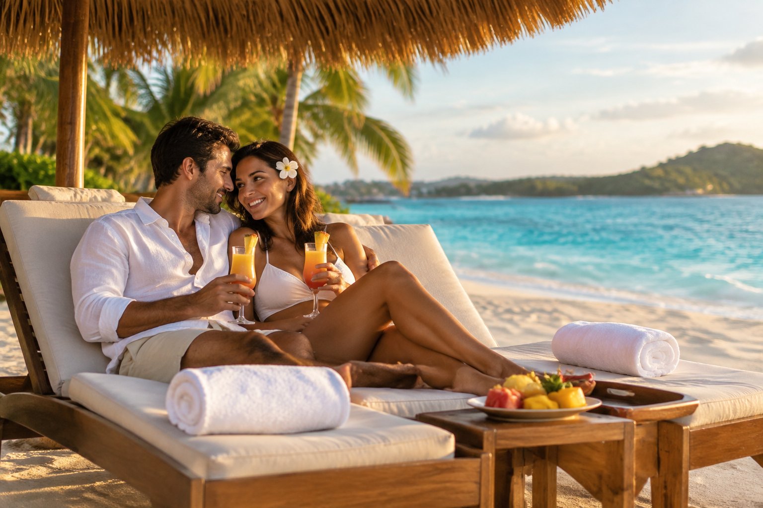 Newlywed couple relaxing together at a tropical Caribbean beach resort.